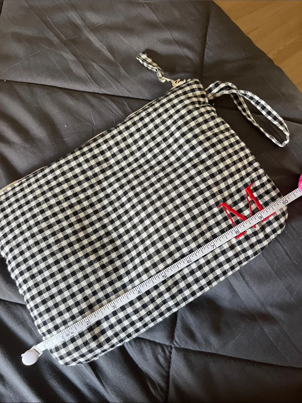 Sezane Monogrammed Black & White Gingham Pouch with Red 'M' Accent